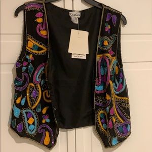 Cee Cee 100% Silk Sequin Black Top Vest Colorful Front Black Sequin Back Size S